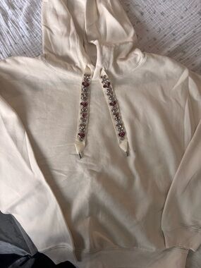 Express Ivory cropped Hoodie with Jeweled Drawstrings Size XL